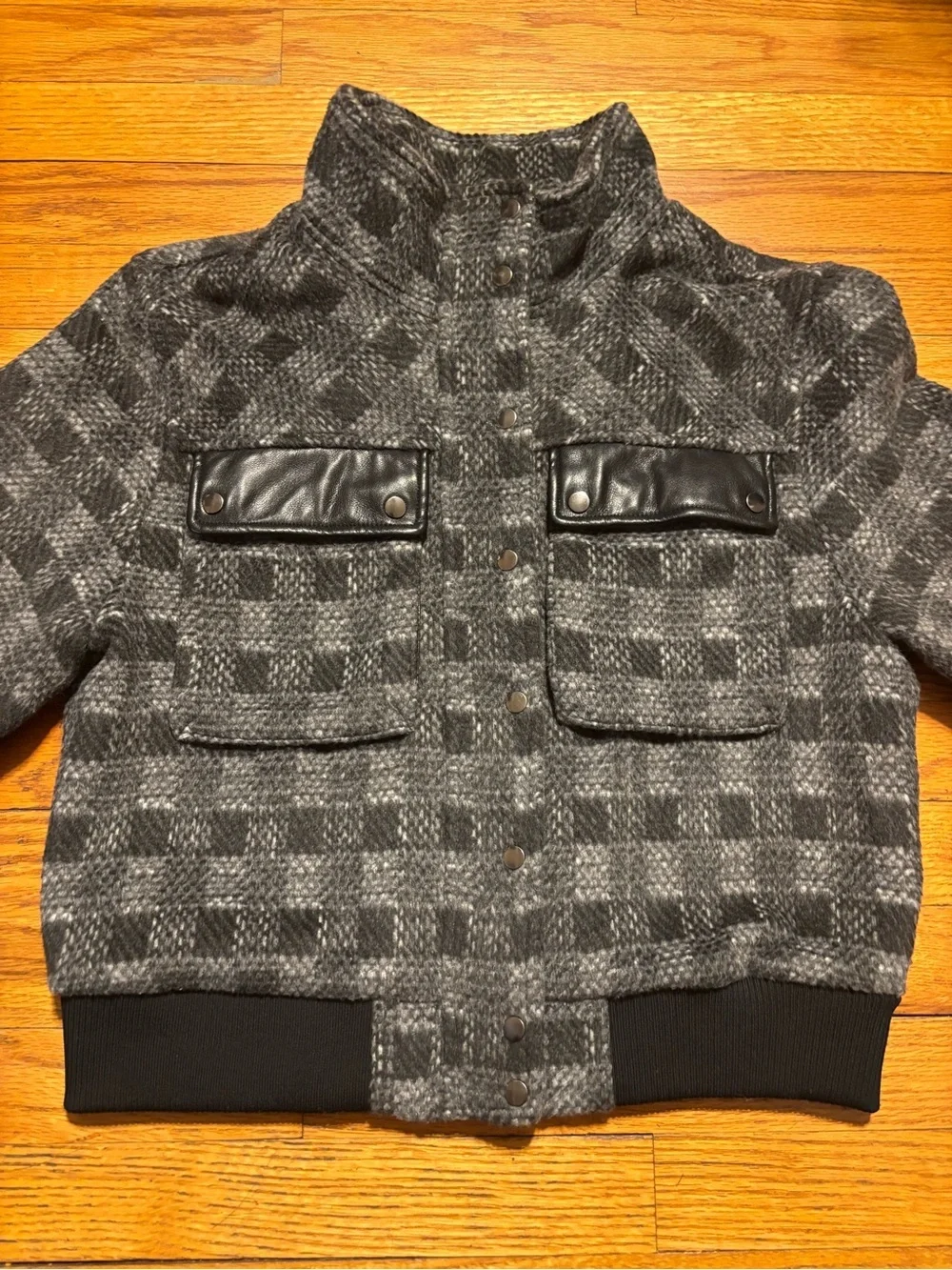 bagatelle Gray Plaid Bomber Jacket with Black Trim